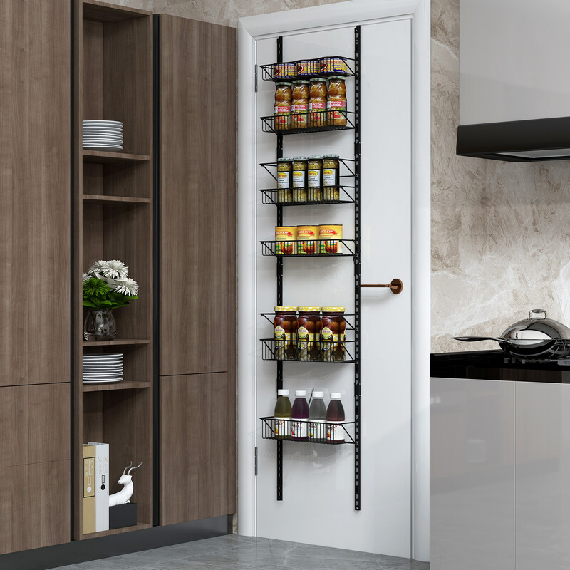 Höj- och sänkbar dörrhängd kryddhylla med sex korgar