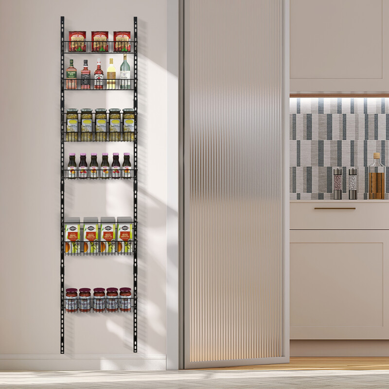 Höj- och sänkbar dörrhängd kryddhylla med sex korgar