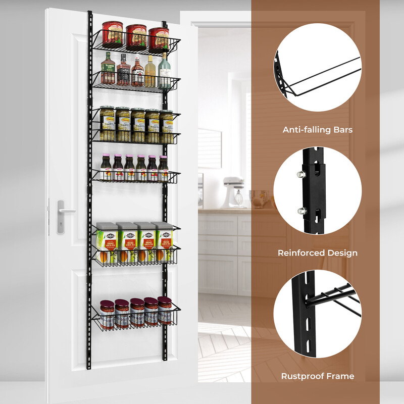 Höj- och sänkbar dörrhängd kryddhylla med sex korgar