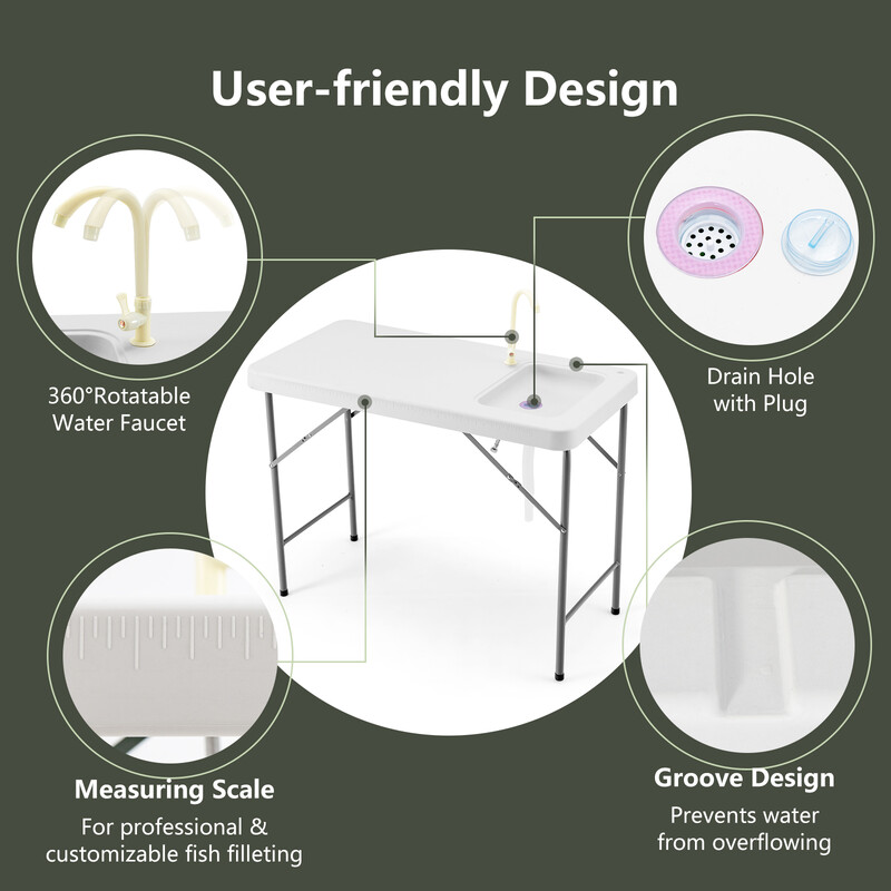 Hopfällbart fiskrengöringsbord med ho och kran