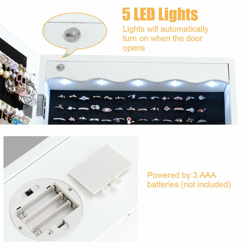 Smyckesskåp med LED och spegel, vit, låsbar
