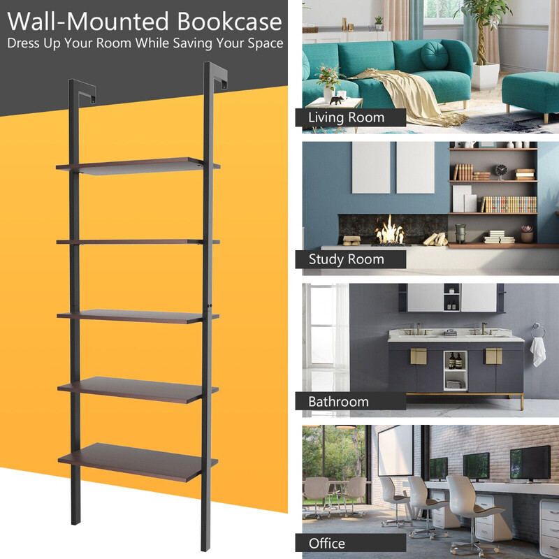 Vägghylla med metallram, 5 nivåer, brun