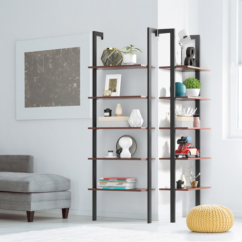 Vägghylla med metallram, 5 nivåer, brun