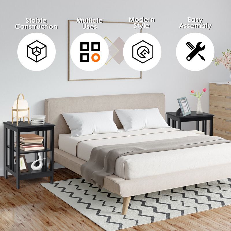 Sängbord med tre hyllor i svart MDF 40x40x61 cm