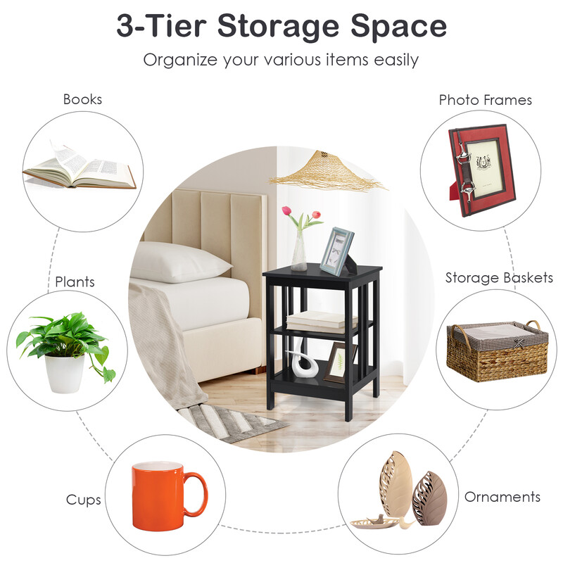 Sängbord med tre hyllor i svart MDF 40x40x61 cm