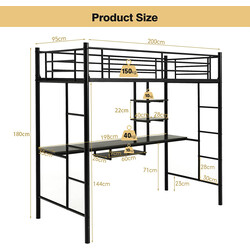 Loftsäng i metall med skrivbord och säkerhetsräcken svart
