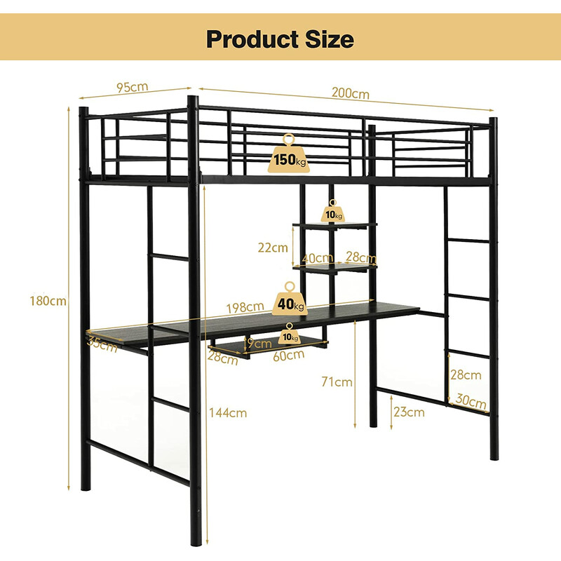 Loftsäng i metall med skrivbord och säkerhetsräcken svart