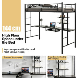 Loftsäng i metall med skrivbord och säkerhetsräcken svart