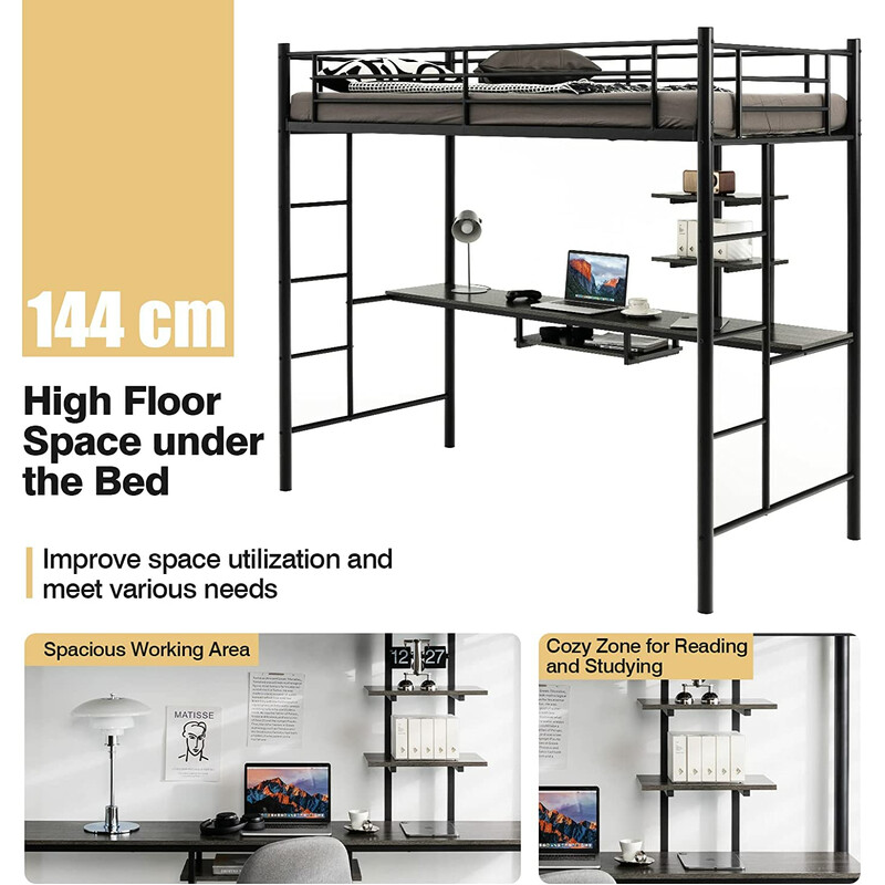 Loftsäng i metall med skrivbord och säkerhetsräcken svart