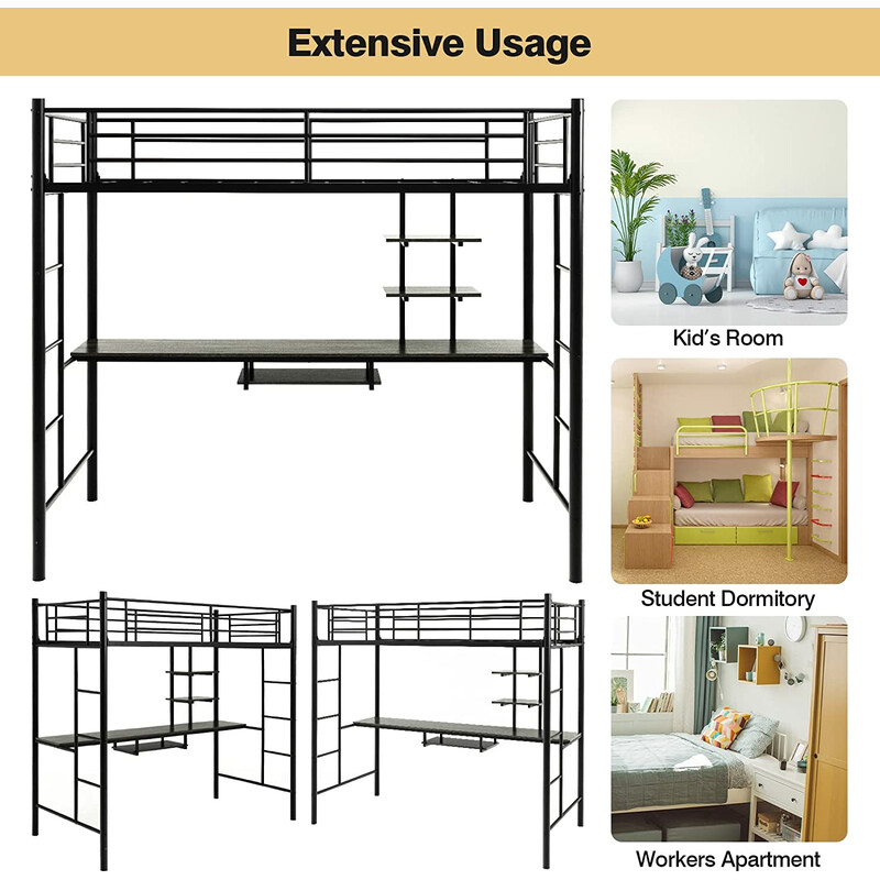 Loftsäng i metall med skrivbord och säkerhetsräcken svart
