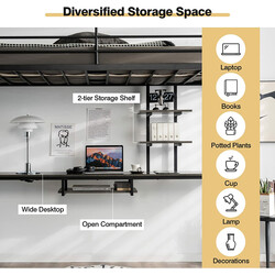 Loftsäng i metall med skrivbord och säkerhetsräcken svart