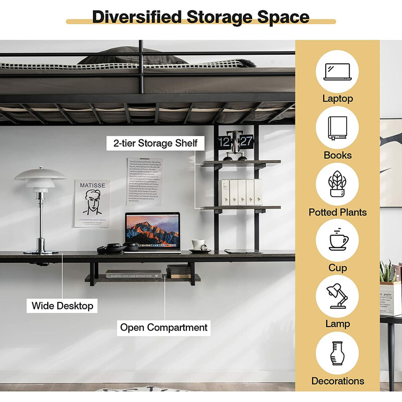 Loftsäng i metall med skrivbord och säkerhetsräcken svart
