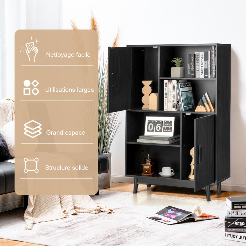 Svart bokhylla med 4 hyllor och 2 dörrar