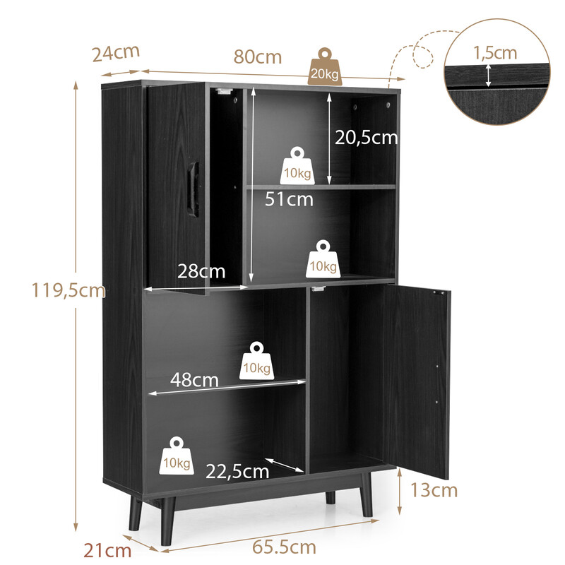 Svart bokhylla med 4 hyllor och 2 dörrar