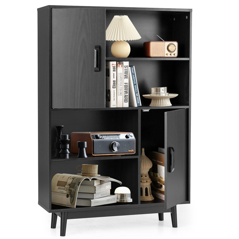 Svart bokhylla med 4 hyllor och 2 dörrar