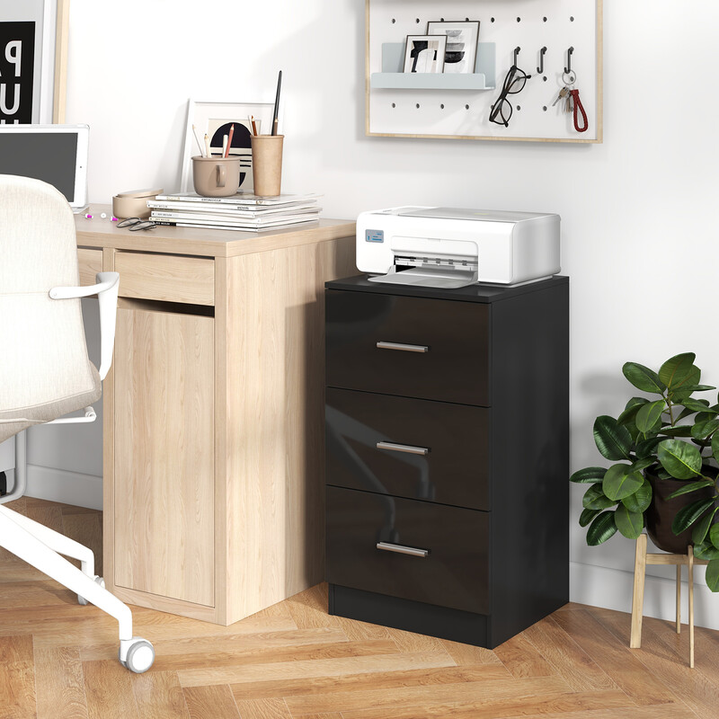 Svart sängbord med 3 lådor och metallhandtag