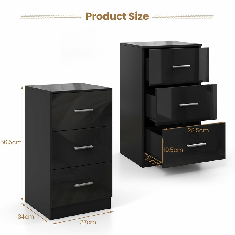 Svart sängbord med 3 lådor och metallhandtag
