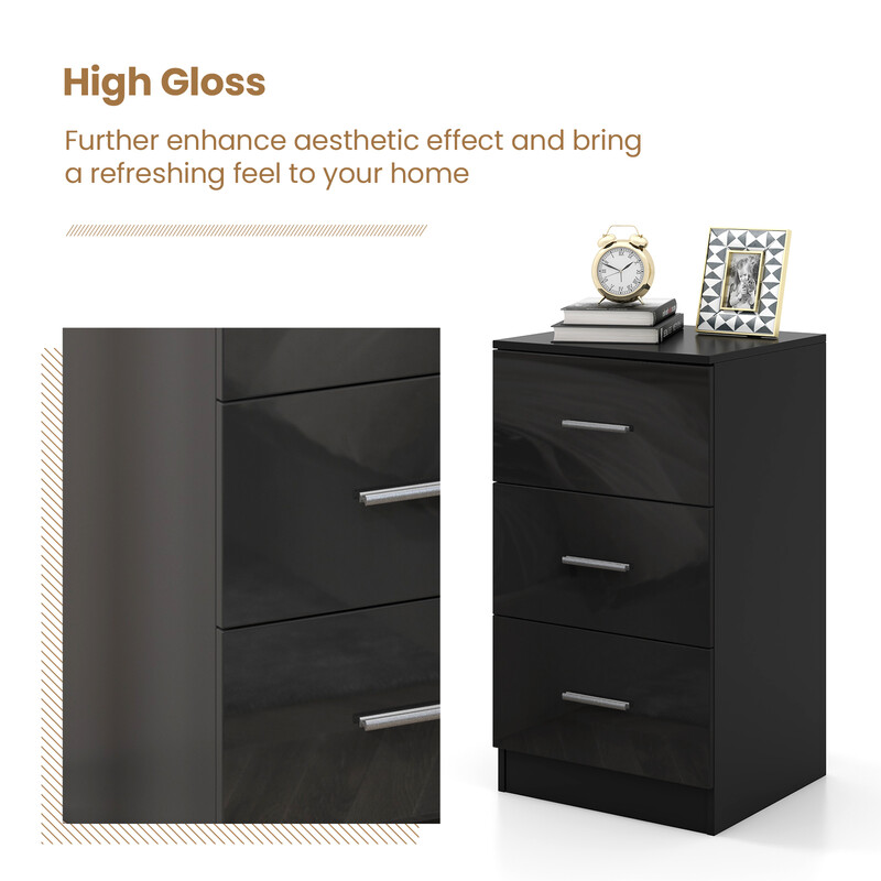 Svart sängbord med 3 lådor och metallhandtag