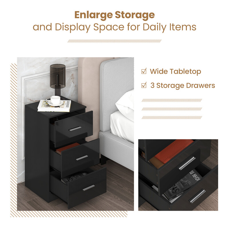 Svart sängbord med 3 lådor och metallhandtag