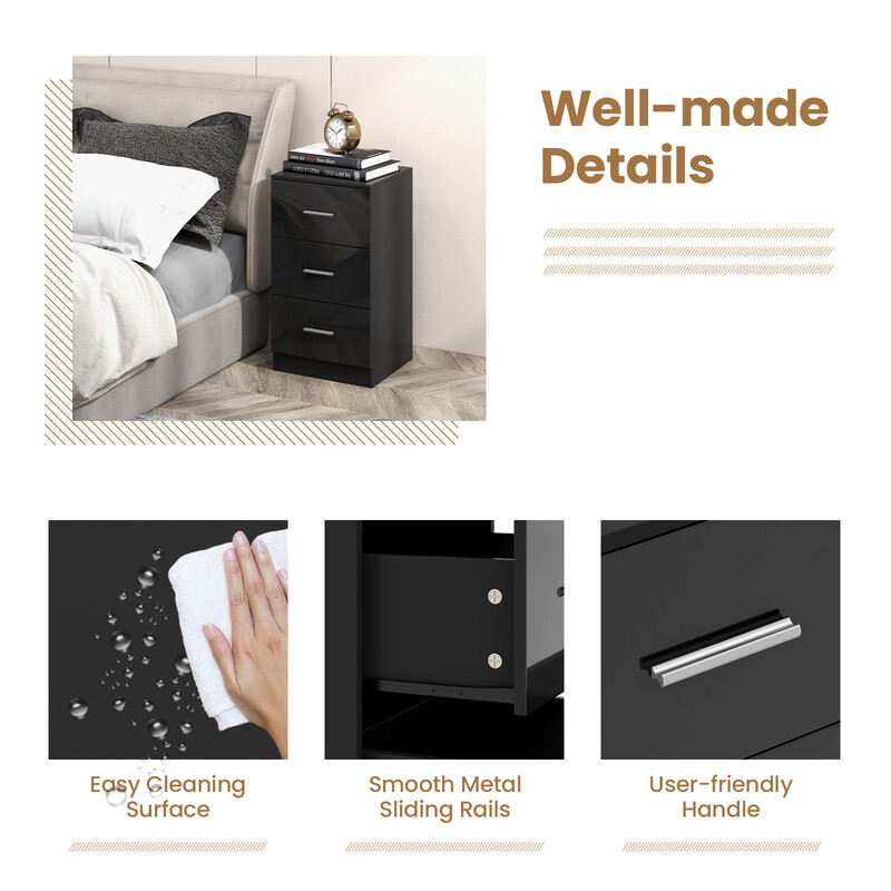 Svart sängbord med 3 lådor och metallhandtag