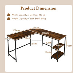 L-format skrivbord med hyllor i brunt och svart