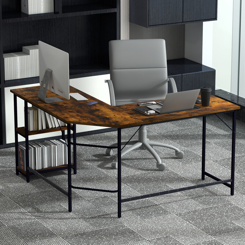 L-format skrivbord med hyllor i brunt och svart