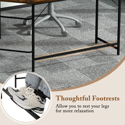 L-format skrivbord med hyllor i brunt och svart