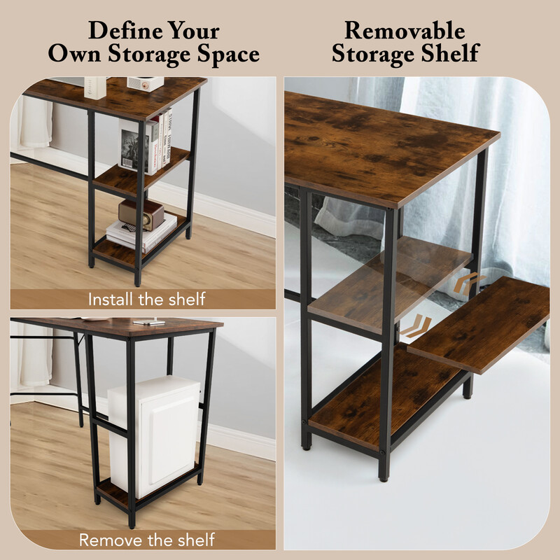 L-format skrivbord med hyllor i brunt och svart