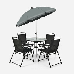 Sexdelat terrassmöbelset med bord, stolar och parasoll