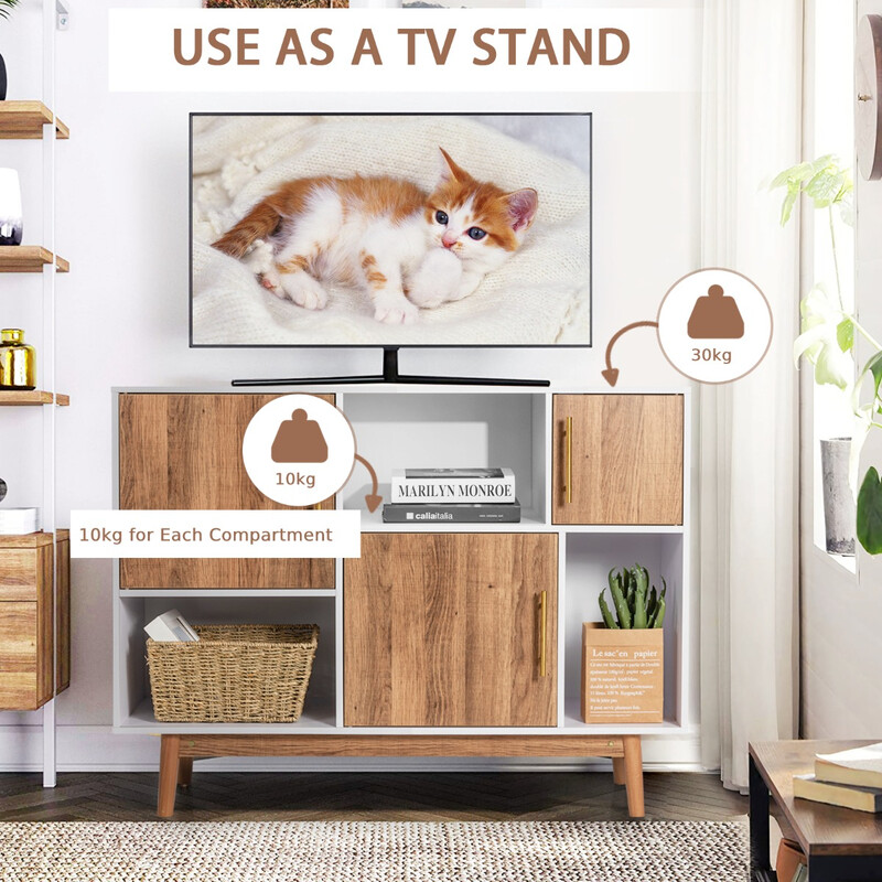 Modernt sideboard med asymmetrisk design i vit och brun