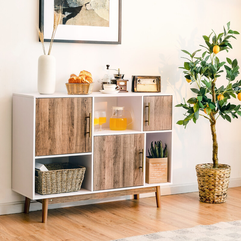 Modernt sideboard med asymmetrisk design i vit och brun