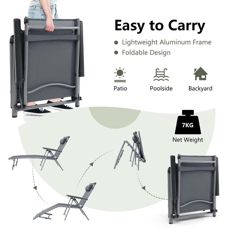 Svart hopfällbar terrassvilstol med 8-stegs justerbart ryggstöd för utomhusbruk