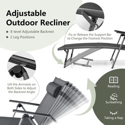 Svart hopfällbar terrassvilstol med 8-stegs justerbart ryggstöd för utomhusbruk