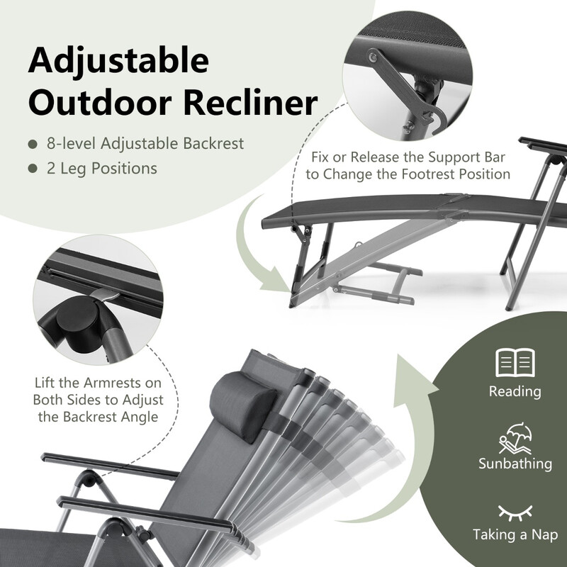 Svart hopfällbar terrassvilstol med 8-stegs justerbart ryggstöd för utomhusbruk