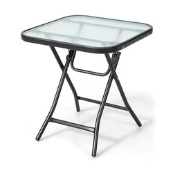 Hopfällbart kvadratiskt sidobord i glas med rostfri ram svart