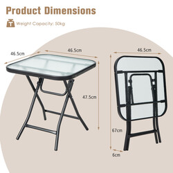 Hopfällbart kvadratiskt sidobord i glas med rostfri ram svart