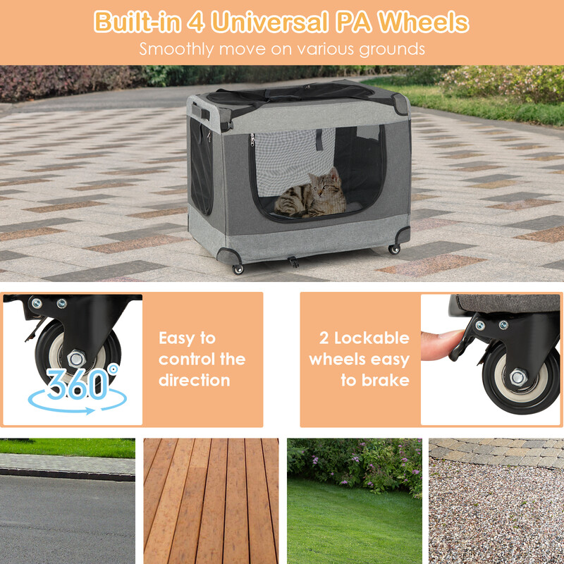 Hopfällbar kattvagn med hjul och axelrem för stora katter, grå 82,5 x 59 x 67 cm