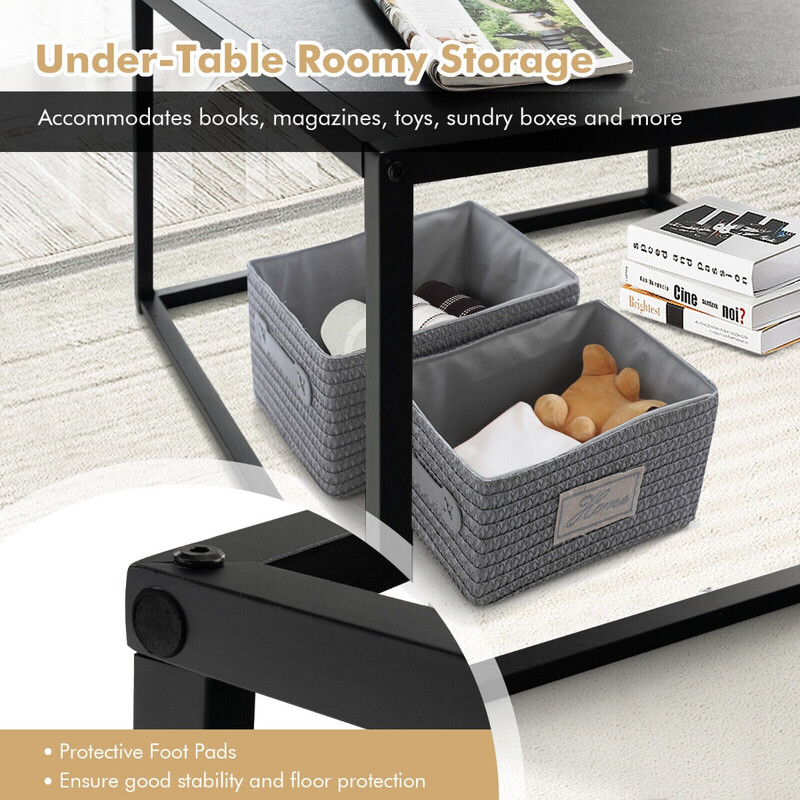 Soffbord i marmormönster med svart stålram, 70 x 70 x 40 cm, enkel montering