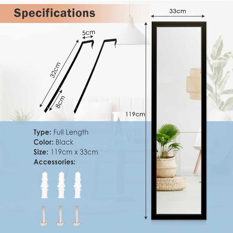Rektangulär helkroppsspegel med dörrkrok 33x119 cm svart för flexibel montering