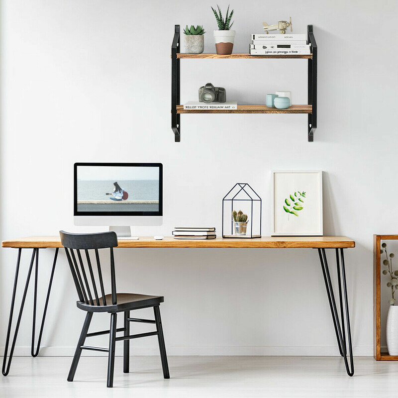 Vägghylla i paulownia-trä och stål med två nivåer, platsbesparande design 60 x 15 x 51 cm