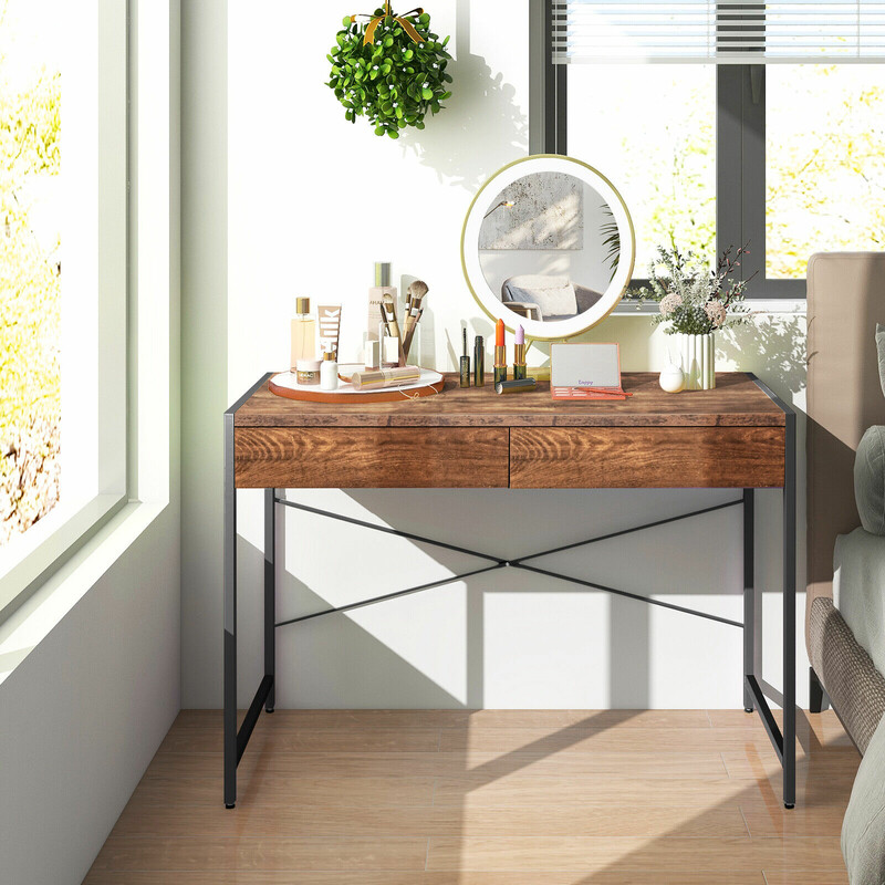 Skrivbord med två lådor och stålram, rustik brun, 112 x 48 x 76 cm