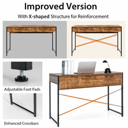 Skrivbord med två lådor och stålram, rustik brun, 112 x 48 x 76 cm