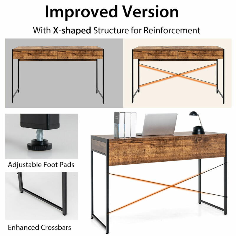 Skrivbord med två lådor och stålram, rustik brun, 112 x 48 x 76 cm