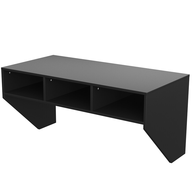 Väggmonterat skrivbord i svart MDF med tre hyllor för praktisk förvaring