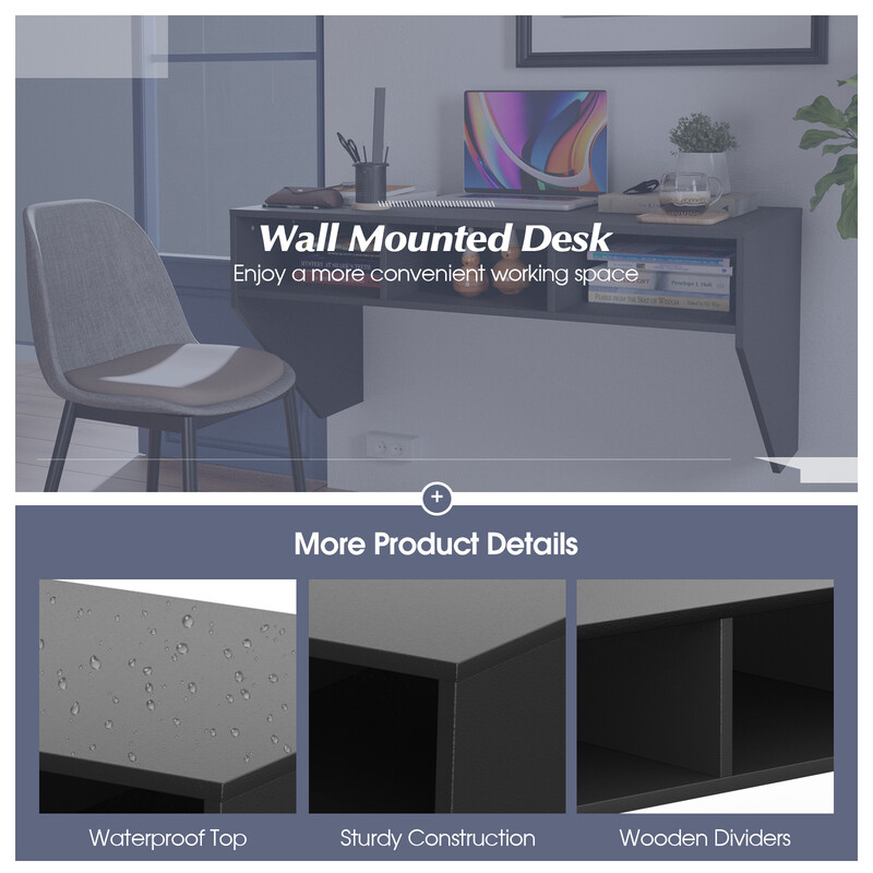 Väggmonterat skrivbord i svart MDF med tre hyllor för praktisk förvaring