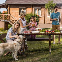 Hopfällbart campingbord i bambu med bärväska, 122 x 60 x 43,5 cm, kaffefärg