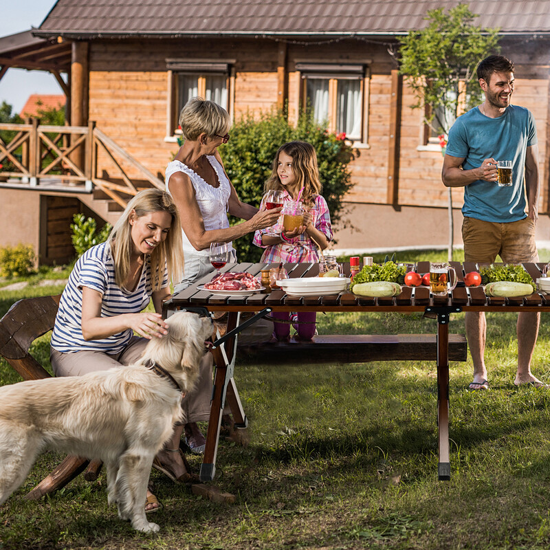 Hopfällbart campingbord i bambu med bärväska, 122 x 60 x 43,5 cm, kaffefärg