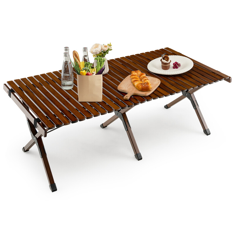 Hopfällbart campingbord i bambu med bärväska, 122 x 60 x 43,5 cm, kaffefärg