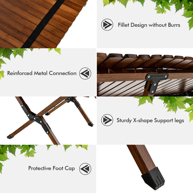 Hopfällbart campingbord i bambu med bärväska, 122 x 60 x 43,5 cm, kaffefärg