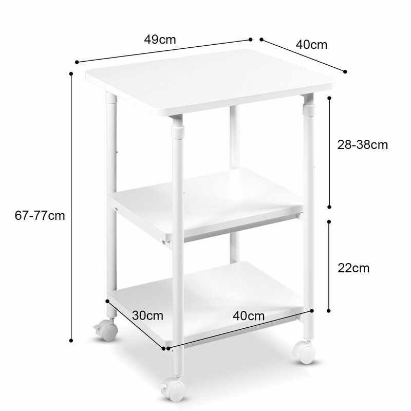 Höj- och sänkbar skrivarehylla med hjul, 3 nivåer, vit, 49 x 40 x 67-77 cm